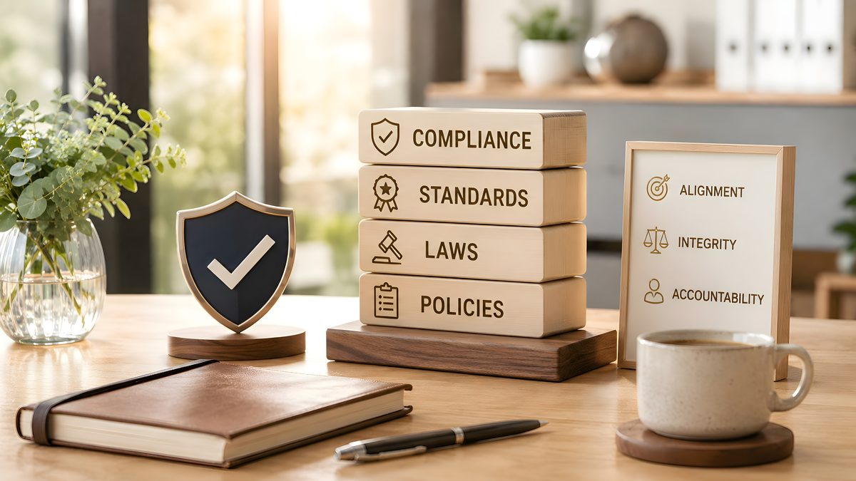 Bloques con las palabras Compliance, Standards, Laws y Policies