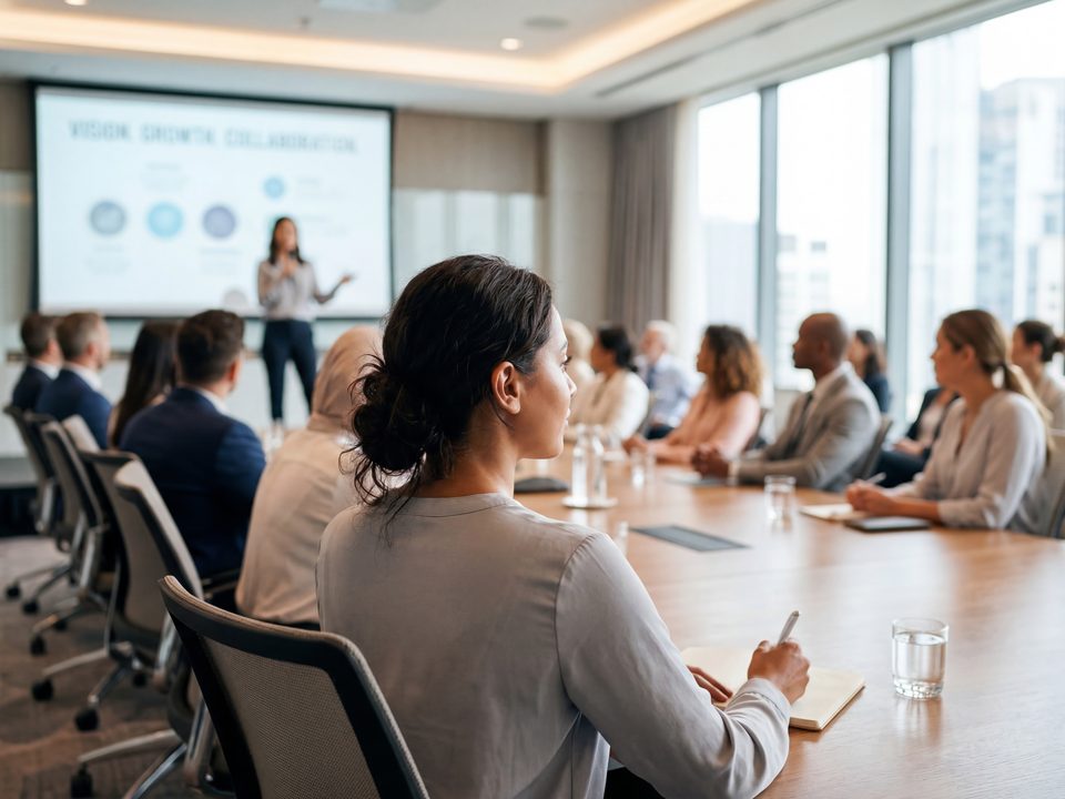 Equipo de una organización en reunión, distintos roles colaborando
