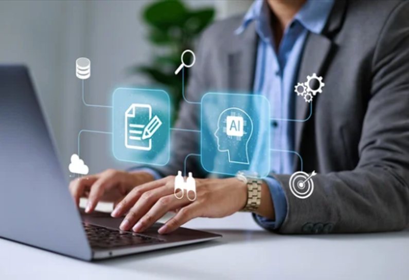 Profesional trabajando en un computador con capacidades de inteligencia artificial y gestión documental representadas sobre la pantalla