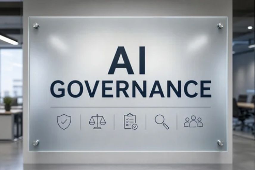 Señalética institucional de gobierno de la inteligencia artificial en una oficina