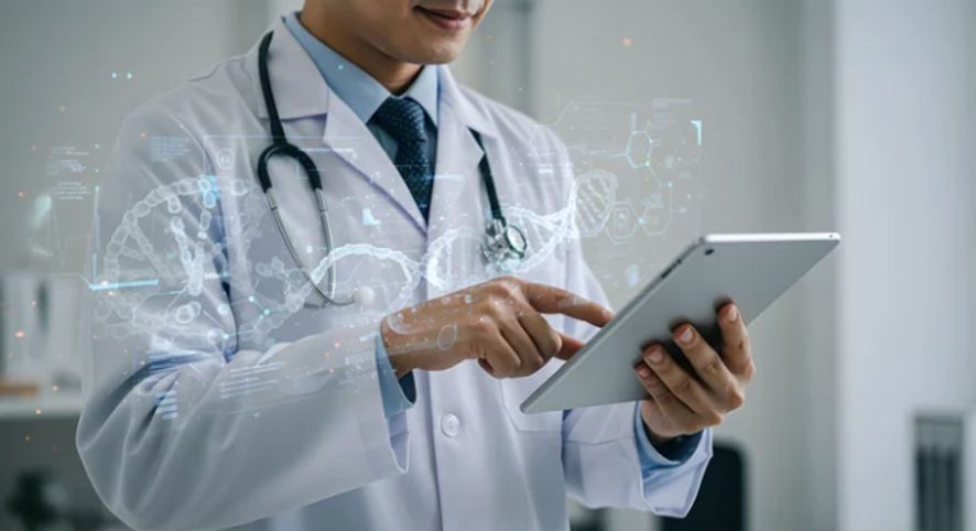 Profesional de la salud consultando datos clínicos en una tableta