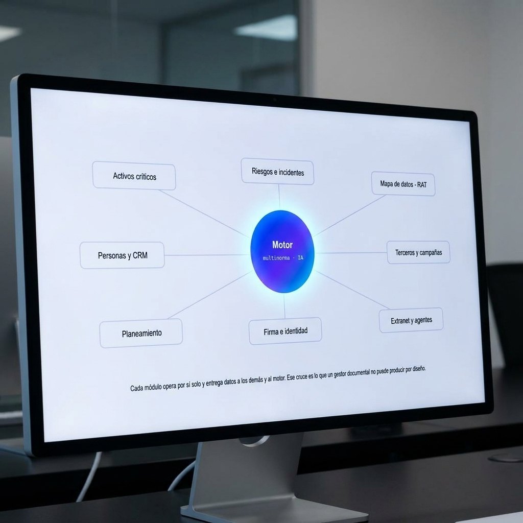 Diagrama: cada módulo alimenta al motor de cumplimiento y a los demás